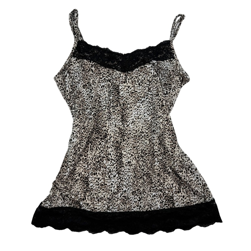 VTG Y2K Leopard Print‎ Lace Trim Camisole Tank Top Brown Black Size L Flattering